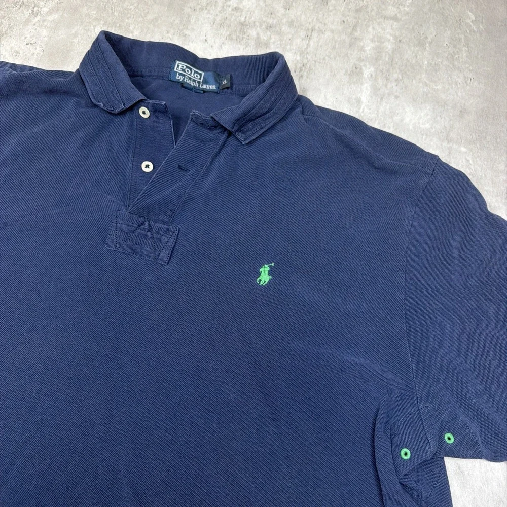 Vintage Polo Ralph Lauren Rugby Polo Shirt Navy Blue Green Pony Mens XL Cotton